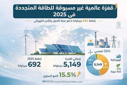 قفزة قياسية للطاقة المتجددة عالميًا في 2025 بإضافة 692 جيجاواط